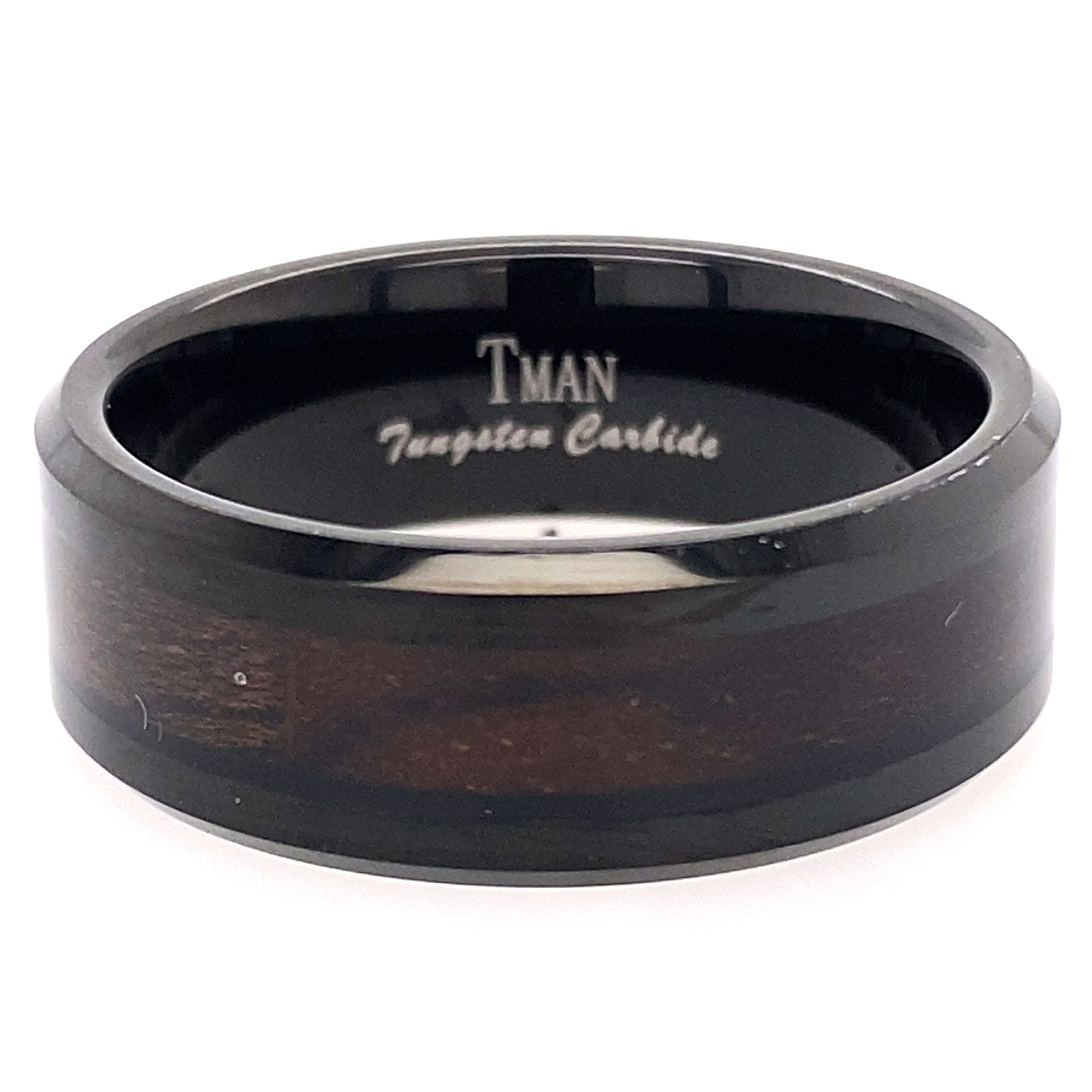 Tungsten plated black flat polished wood inlay ring
