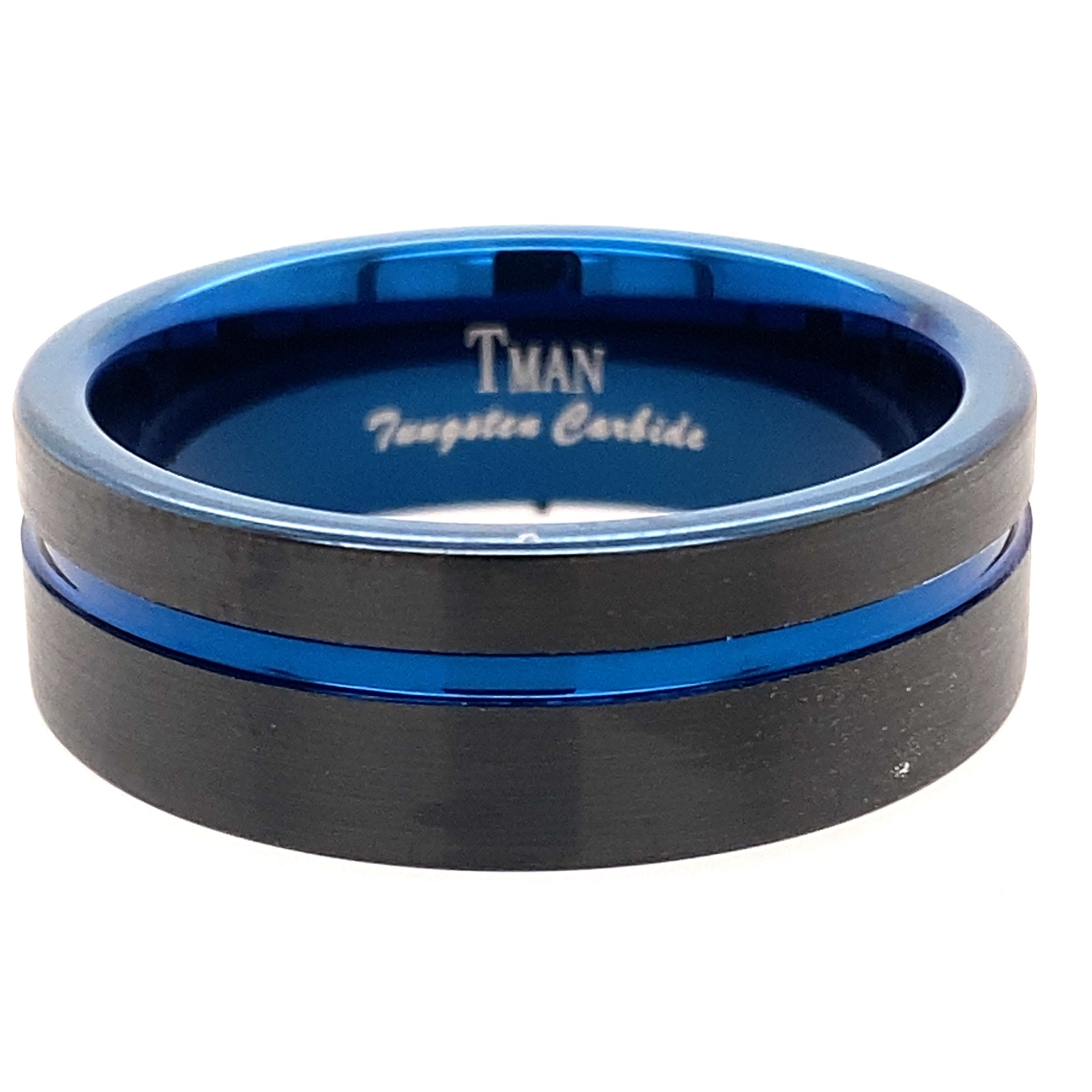 Tungsten black and blue flat brushed ring