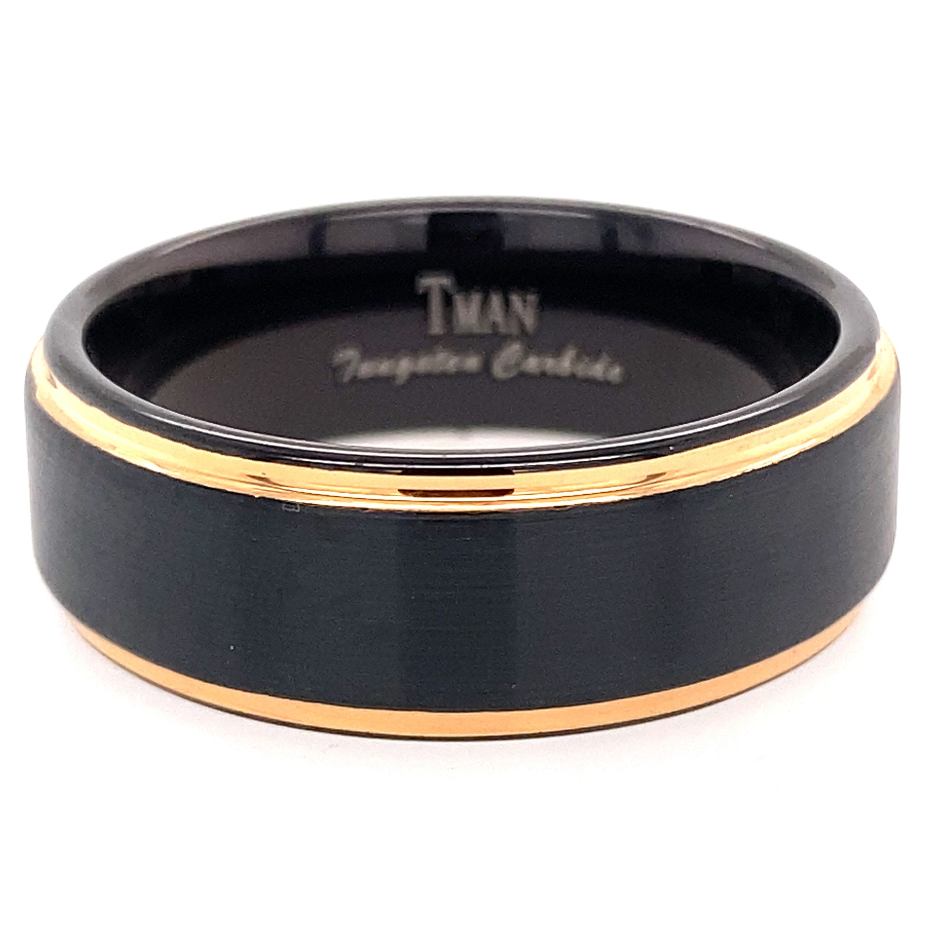 Black rose gold plated flat brushed step ring
