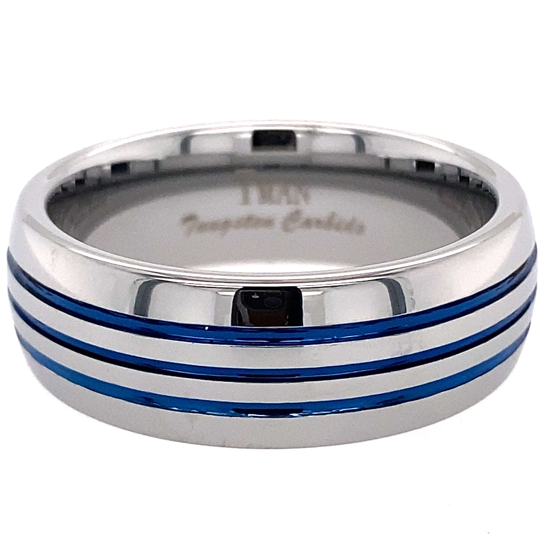 Blue plated polished dome comfort fit Tungsten ring