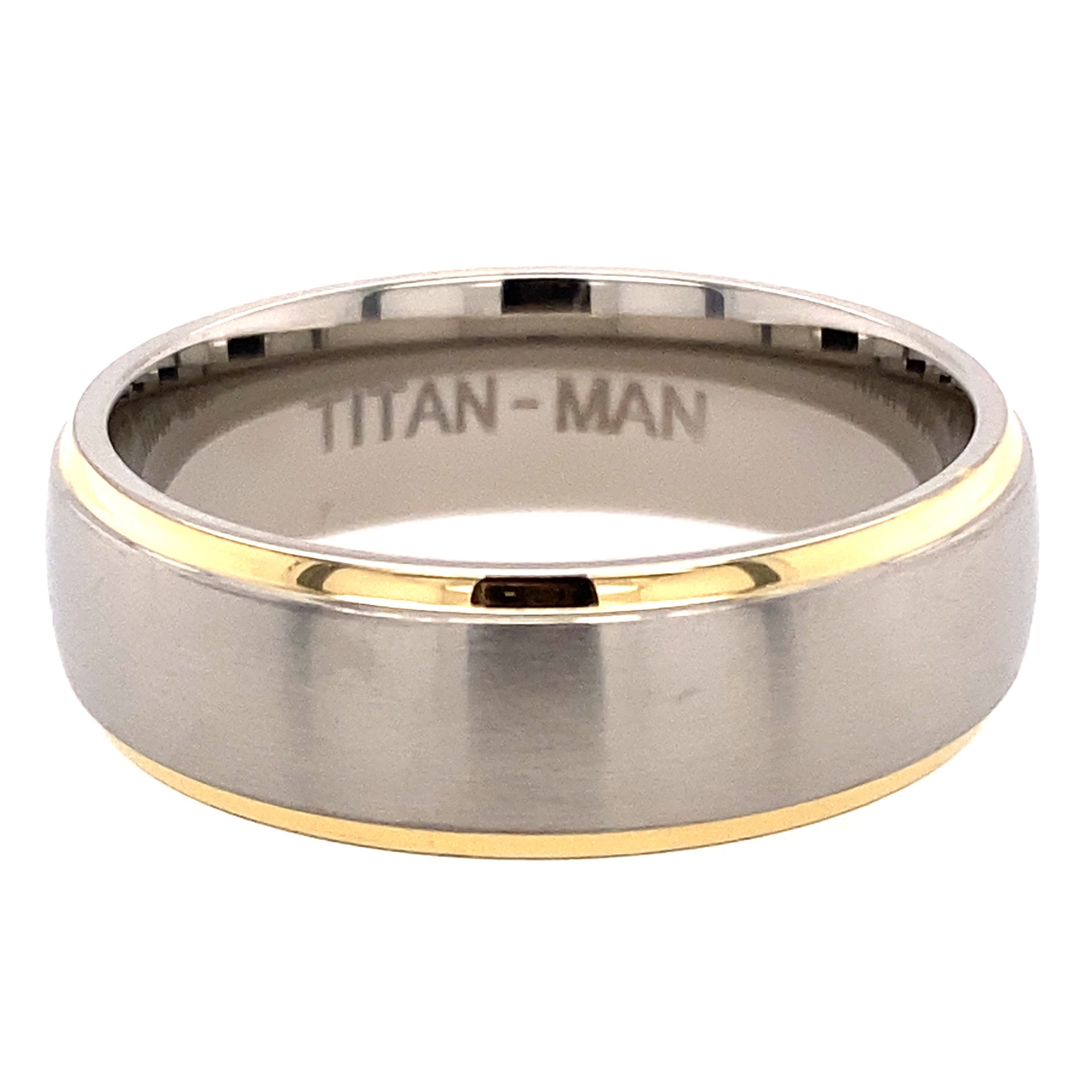 Titanium brushed bevel edge yellow gold plated ring